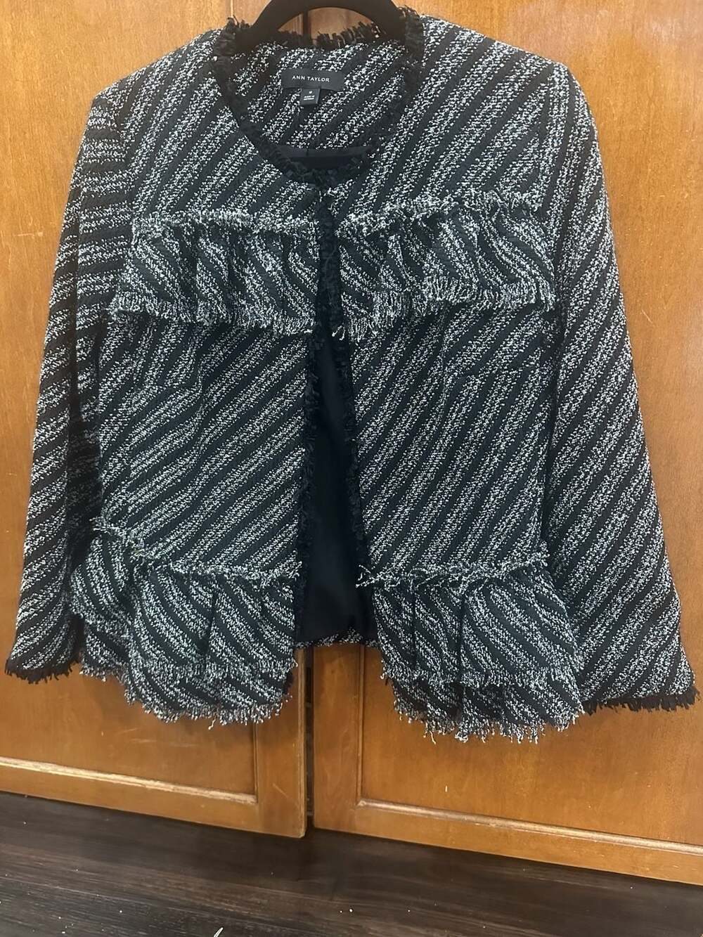 Ann Taylor Ruffle Trim Striped Tweed Collarless Jacket